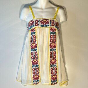 Smell the Roses SZ S Ivory gauzy embroidered yoke lace up tunic dress boho artsy
